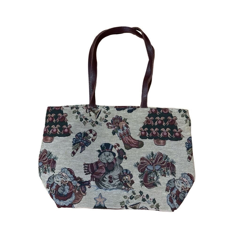 Orvis Christmas handbag tote woven fabric tapestry leather‎ straps